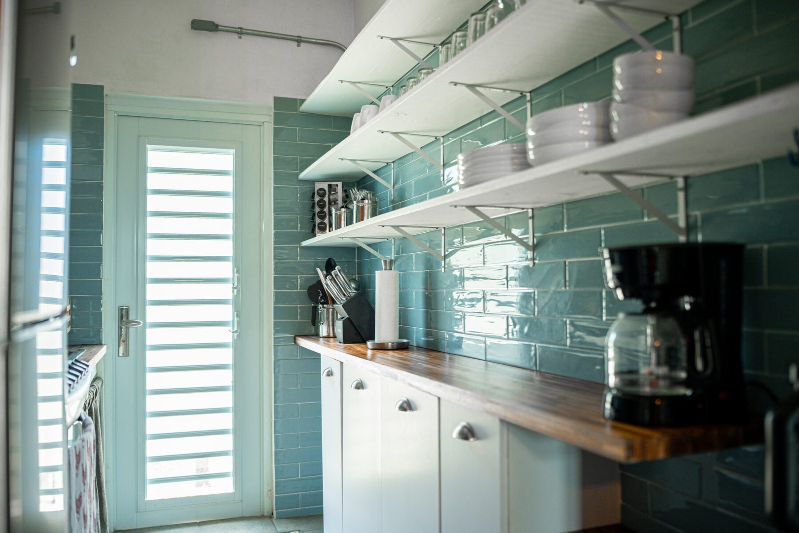 Kitchen shelving and butcher block counter