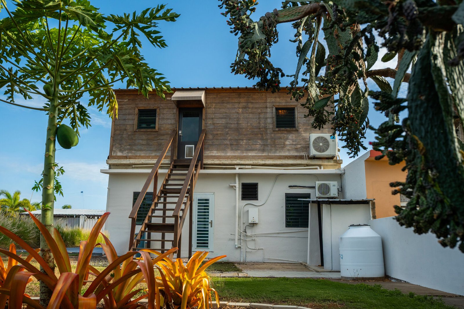 Casita Blanca + Penthouse front view with palm tree