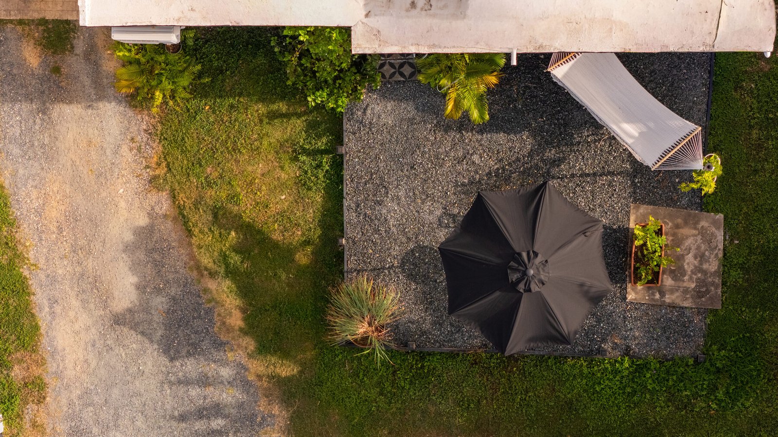 Aerial view of the back unit patio and hammock