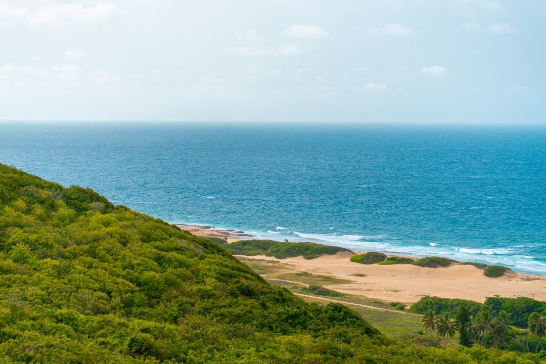 Overlook of Dunas beach and ocean from the green hillside path